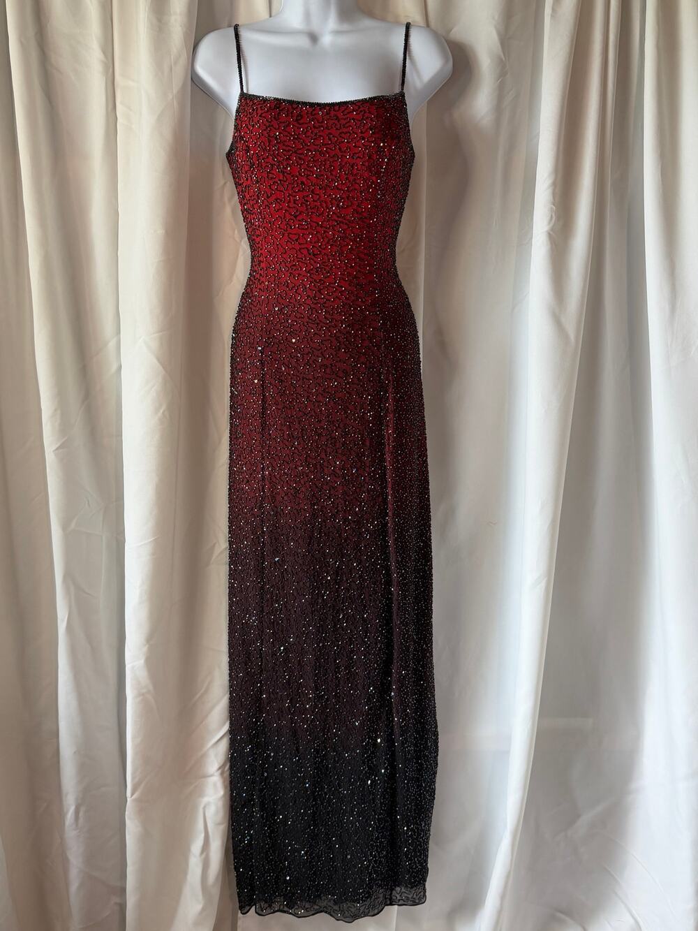 Vintage Je Matadi Red Black Ombre Beaded Silk Gown Slip Dress S vampy goth glam